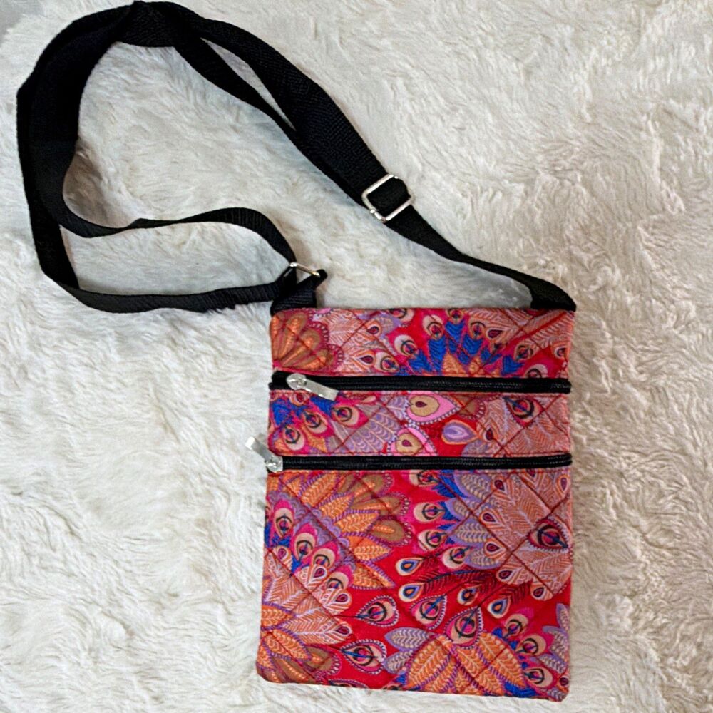 Women’s Peacock Feather Floral Crossbody Bag Multicolor 3 Zip Pockets